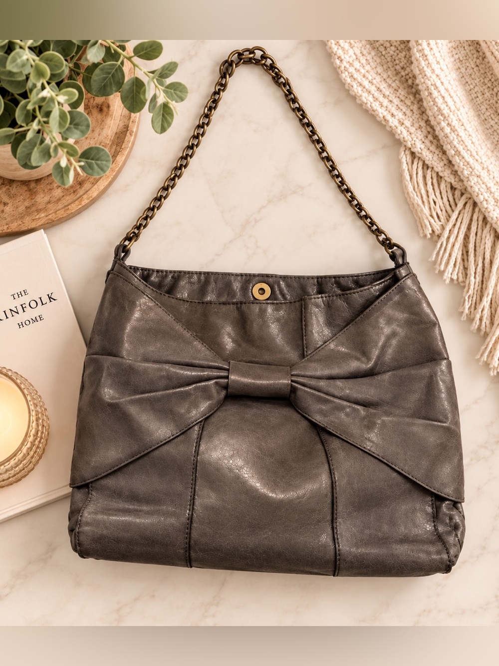 HOBO International Gray Leather Bow Shoulder Bag #1046